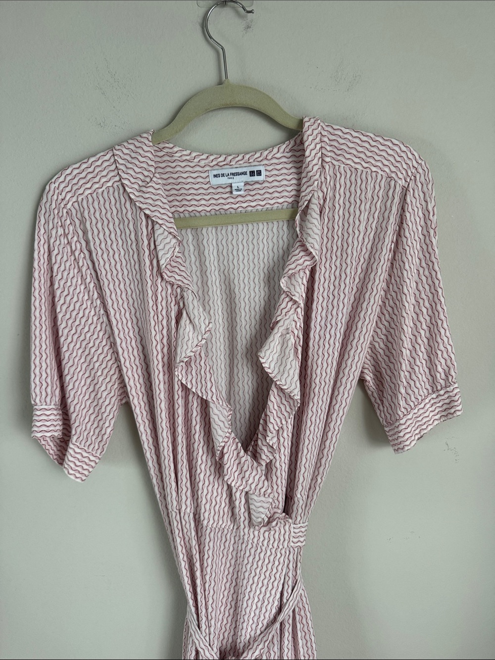 Ines de La Fressange x Uniqlo Pink Ruffle Wrap Midi Dress Rayon Size L - Picture 3 of 14